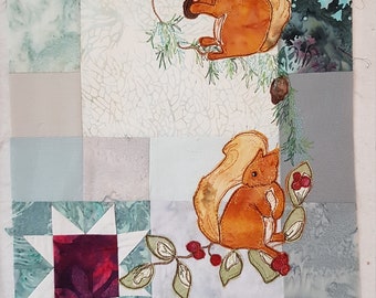 Printed pattern for the Winter Hedgerow Block 3 squirrels pine-needles quilt raw edge applique tutorial free motion embroidery