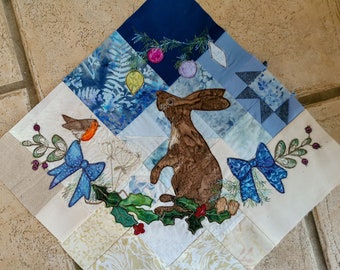 Printed pattern Winter Tree Skirt" Bloc1 applique Christmas tree skirt hare blue gold