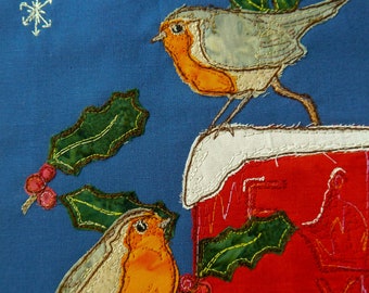 PDF pattern for Winter robins and post box raw edge applique tutorial free motion embroidery