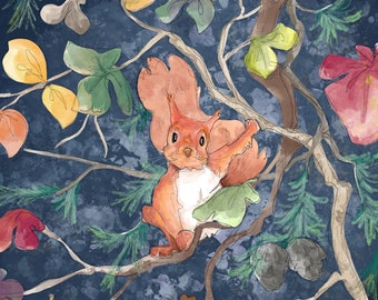 Pre-order Autumn forest squirrel 2 printed panel on quilting cotton 30.5 by 30.5 cms