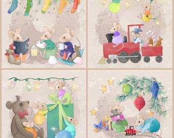 Pre -order Christmas set of 4 printed panel on quilting cotton each 30.5 by 30.5 cms