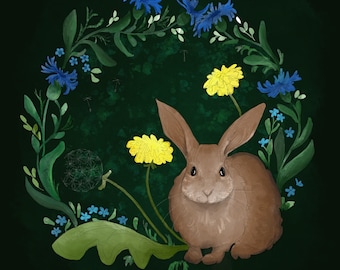 Pre-order Fabric panel spring rabbit on black/dark green 30.5cm square quilting cotton