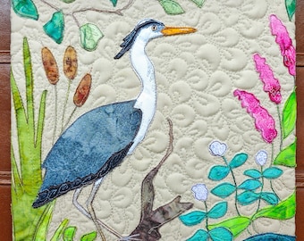 Fabric kit and Printed pattern heron 12" raw edge applique tutorial free motion embroidery