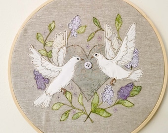 Fabric kit and Printed pattern for "a pair of sweethearts"  wedding dove raw edge applique tutorial free motion embroidery