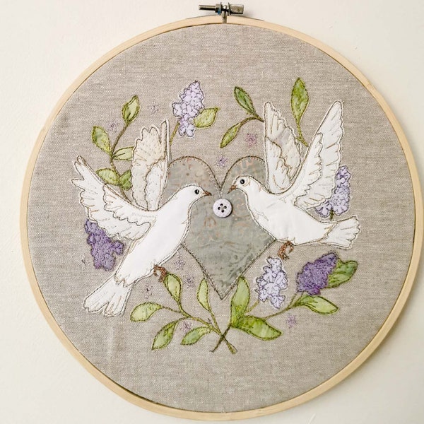 Fabric kit and Printed pattern for "a pair of sweethearts"  wedding dove raw edge applique tutorial free motion embroidery