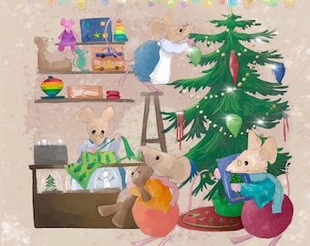 Vintage Christmas toy shop mice printed panel on quilting cotton 47 by 47cms