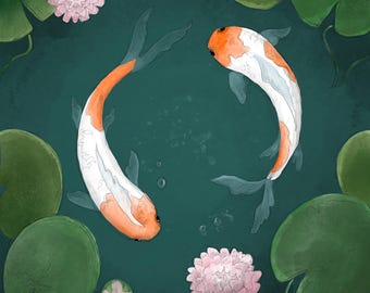 Pre-order koi fish printed panel on quilting cotton 30.5 by 30.5 cms