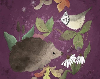 Pre-order Fabric panel hedgehog  autumnal on Plum 30.5 cm square quilting cotton