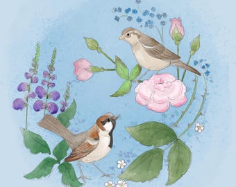 Pre-order Fabric panel summer house sparrow marsh tit and roses flowers  watercolour effect on blue 30. 5cm square quilting cotton
