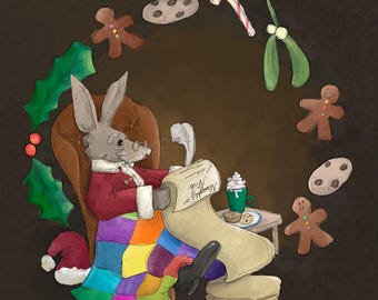 Pre-order Fabric father christmas checking his list twice on dark brown 30.5cm square quilting cotton