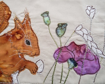 Printed pattern for harvest squirrel with poppy raw edge applique tutorial free motion embroidery