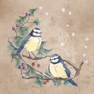 Impression d'art Mésanges bleues de Noël en pouces sur papier aquarelle ou lot de 5 cartes de voeux de 145 mm 145 mm carré à l'intérieur