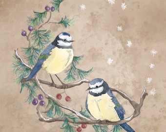 Christmas bluetits inch art print on watercolour paper or set of 5 145mm greeting cards 145mm square blank inside