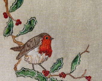 PDF pattern for golden robin christmas winter holly raw edge applique tutorial free motion embroidery