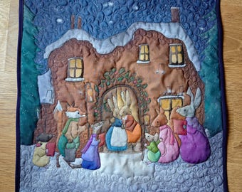 Original art for sale 'carol singers' 18" by 18" Wall hanging embroidered textile art