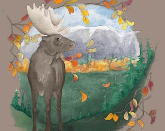 Pre-order moose and rocky mountains printed panel on quilting cotton 30.5 by 30.5 cms