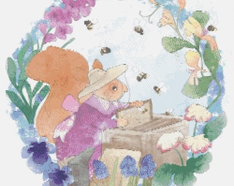 Miss Poppy the beekeeper in blue Cross stitch pattern - pattern keeper - 250 by 250