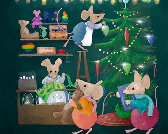 Christmas toy shop 8 inch art print on watercolour paper or set of 5 145mm greeting cards 145mm square blank inside