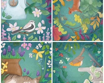 Pre -order set of 4 secret garden series printed panels on quilting cotton 30.5 by 30.5 cms