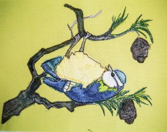 printed pattern for Bluetit and pine cones raw edge applique tutorial free motion embroidery