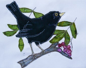 Printed  pattern for Blackbird with berries raw edge applique tutorial free motion embroidery