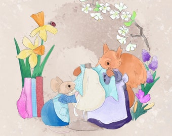 Pre-order Fabric panel Spring dressmaking squirrel miss poppy & Florrie mouse  on taupe 30.5 cm square quilting cotton