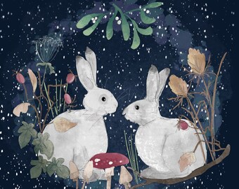 Pre-order Fabric panel Winter rabbits on dark blue 30cm square quilting cotton