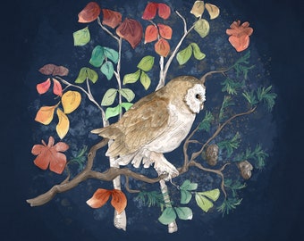 Pre-order Autumn forest barn owl printed panel on quilting cotton 30.5 by 30.5 cms