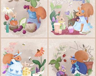 Pre -order poppy and Flo printed panel through the seasons 30.5 by 30.5 cms
