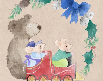 Pre -order Christmas toy shop window printed panel 4 on quilting cotton 30. 5 by 30.5 cms Teddy bear and train driving mice
