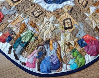 Finished Textile Art mounted 28 by 28" quilt mice Christmas carol singers  tree skirt quilt with raw applique and patchwork