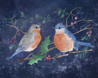 Pre-order winter bluebirds printed panel on quilting cotton 30.5 by 30.5 cms