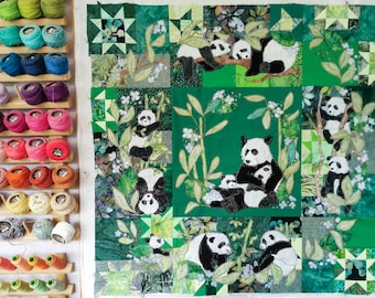 Full kit and printed pattern Panda Wreath applique bamboo green hydrangea