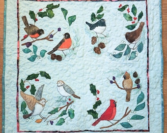 Fabric kit and Printed pattern for "winter in the hedgerow" quilt raw edge applique tutorial free motion embroidery