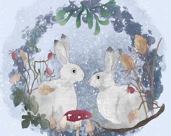 Pre-order Fabric panel Winter rabbits on light blue 30cm square quilting cotton