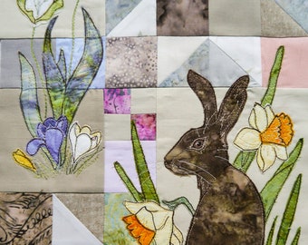 Printed pattern for Rainbow Sherbet Block 1 hare free motion embroidery patchwork