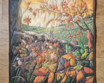 Original art for sale 'autumn bunnies' 18 by 18" Wall hanging embroidered textile art