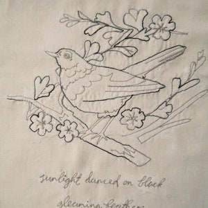 Red work 11 Blackbird and Crocosmia Printed pattern wildlife hand sewing Raggedy Ruff Embroidery