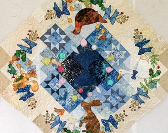 PDF full pattern set Winter Tree Skirt" Block 1 to 4 applique Christmas tree skirt squirrel and mouse blue gold