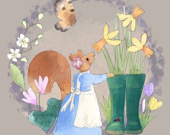 Pre-order Fabric panel Spring squirrel miss poppy mothers day  watercolour effect on taupe 30. 5cm square quilting cotton