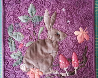 Original art for sale free motion quilted rabbit panel  12" by 12"
