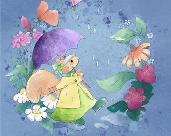 Pre-order Fabric panel Summer rain squirrel miss poppy flowers  watercolour effect on soft blue 30. 5cm square quilting cotton