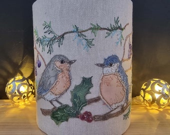 Fabric kit and printed pattern for bluebird lantern raw edge applique tutorial free motion embroidery