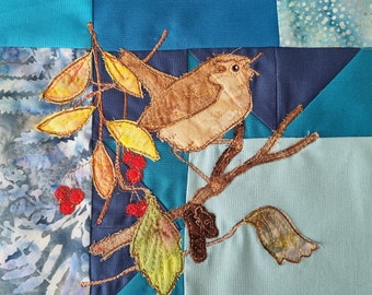 Printed pattern for Autumn Forage  block 7 wren and mouse free motion embroidery applique raw edge