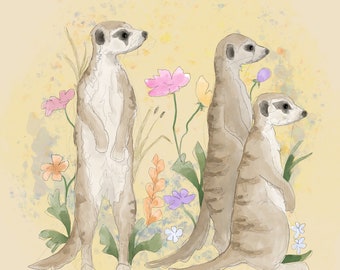 Pre -order meerkats with flowers printed panel on quilting cotton 30.5 by 30.5 cms