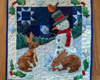 Fabric & Printed pattern for Snowman and rabbits quilt raw edge applique tutorial free motion embroidery