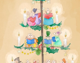 Christmas carol singing mice printed panel on quilting cotton 30.5 by 44 cms