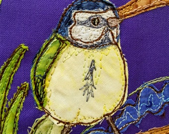 PDF pattern for A Study in Lilac block 5 bluetit and squirrel raw edge applique tutorial free motion embroidery