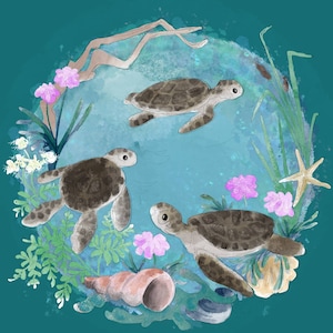 Pre-order Fabric panel baby turtles coastal on teal 30cm square quilting cotton