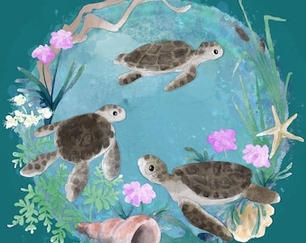 Pre-order Fabric panel baby turtles coastal on teal 30cm square quilting cotton